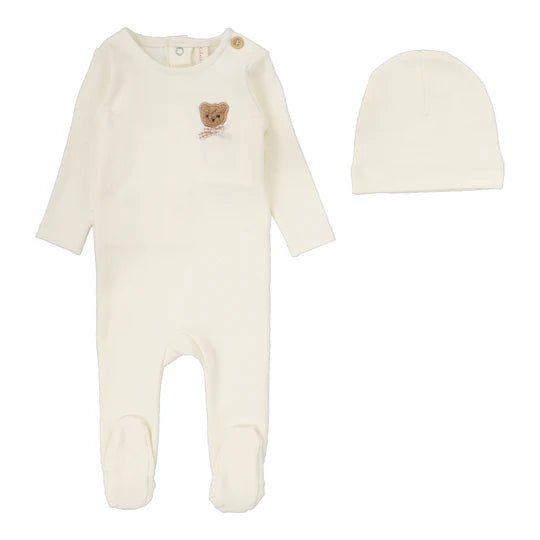 Lilette Bear Applique Footie Set in Cream