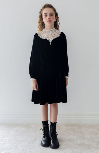 Petite Amalie Lace Yoke Velvet Dress in Black/Cream