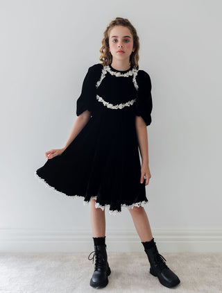 Petite Amalie Rose Lace Velvet Dress in Black/Cream