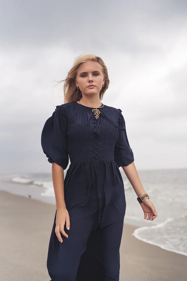GEM Navy Smocked Button Down Dress