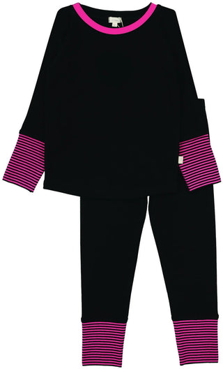 Lil Legs Striped Cuff Lounge Set in Black/Hot Pink