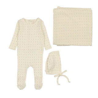 Lilette Linear Printed Layette Set in Cream/Navy Dot