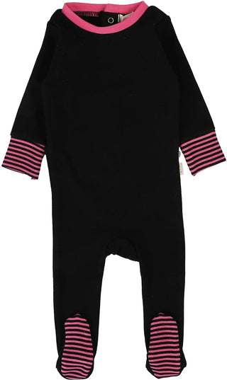 Lil Legs Striped Cuff Footie in Black/Hot Pink