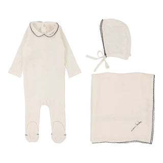 Lilette Edged Collar Layette Set in Winter White/ Navy