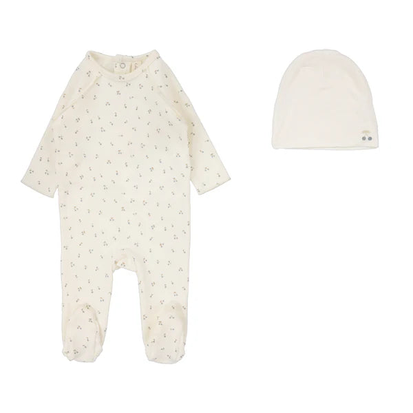 Lilette Cherry Print Footie Set in Cream/Blue