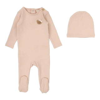 Lilette Bear Applique Footie Set in Dusty Pink