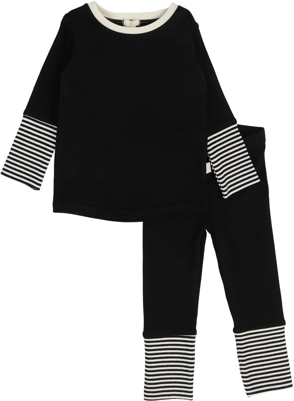 Lil Legs Striped Cuff Lounge Set in Black/Cream