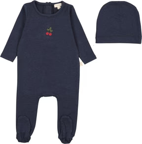 Lil Legs Navy Cherry Embroidered Lounge Footie Set