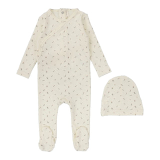 Lilette Scattered Branch Printed Wrapover Footie Set in Ivory