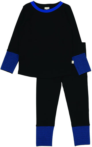 Lil Legs Striped Cuff Lounge Set in Black/Royal Blue