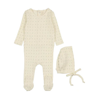 Lilette Linear Printed Footie Set In Cream/Navy Dot