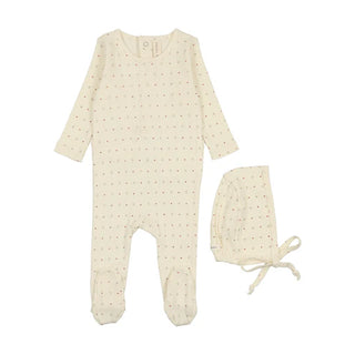 Lilette Linear Printed Footie Set In Cream/Red Dot