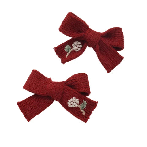 Halo Luxe Josie Floral Embroidered Ribbed Knit Clip Set Red
