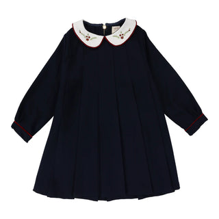 Analogie Navy Embroidered Collar Pleated Dress