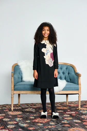 Porter Black Crepe Dress with Ivory Collar and Print