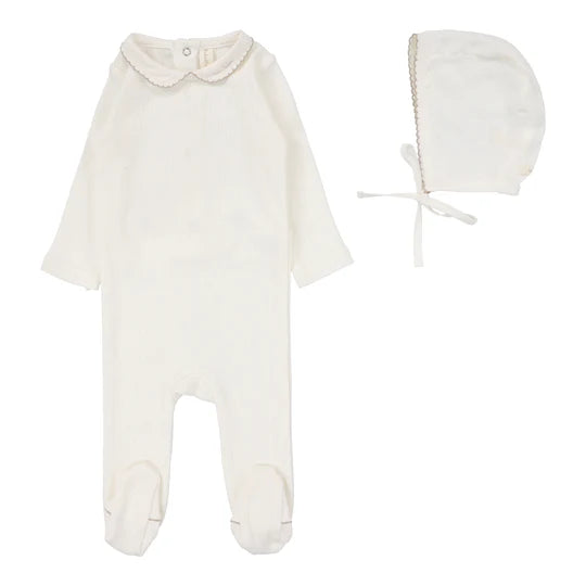 Lilette Edged Collar Footie Set in Winter White/Oat