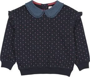 Analogie Sweet Campaign Denim Collar Ruffle Sweatshirt Navy Print
