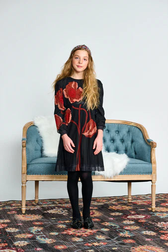 Porter Brown Flower Mesh Pleated Dress