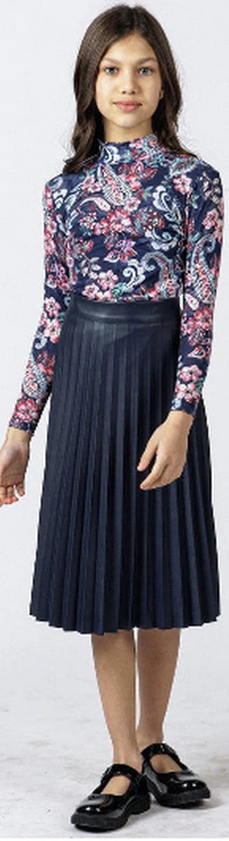 Gold Thread Navy Leather Pleated Skirt