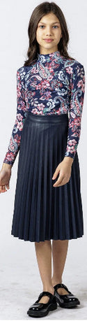 Gold Thread Navy Leather Pleated Skirt