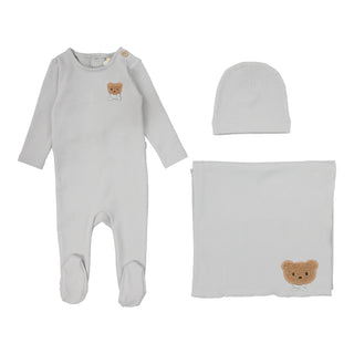 Lilette Bear Applique Layette Set in Pale Blue