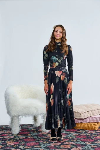 Laurent Black Floral Mesh Top and Skirt