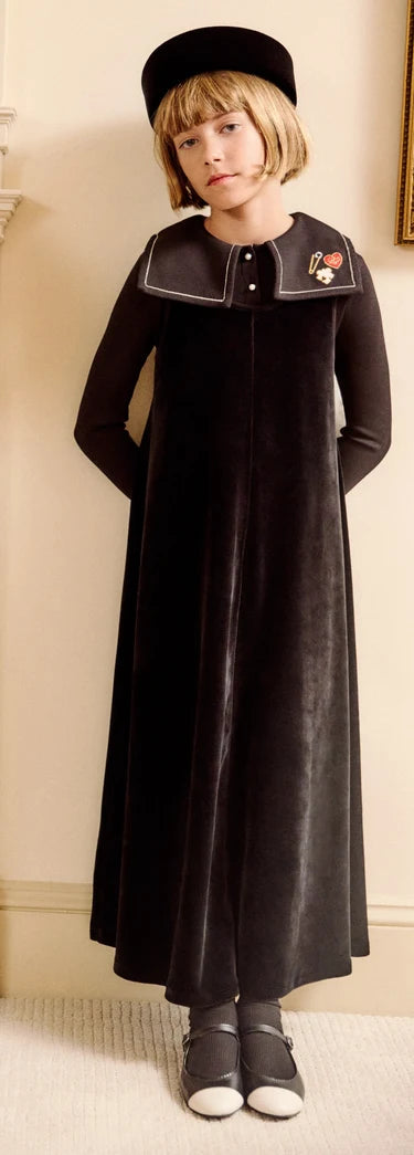 Little Parni Embroidered Collar Velour Maxi in Black