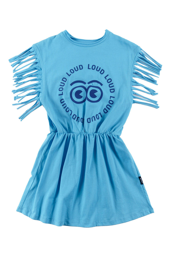 Loud MARE Fringed Dress T-shirt in Cyan Blue/Blue Print