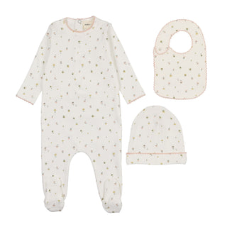 Mema Knits Polka dot floral print footie + beanie & bib in Floral Pink