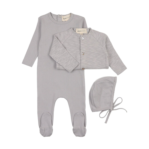 Mema Knits Pointelle footie + slub cardigan + beanie Light Blue