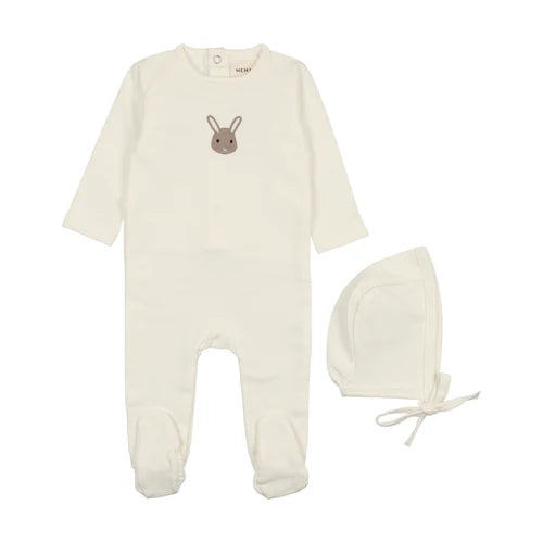 Mema Knits Winter White/Bunny French Terry Embroidered Animal Footie