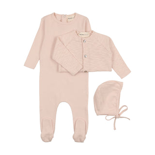 Mema Knits Pointelle footie + slub cardigan + beanie peach dust