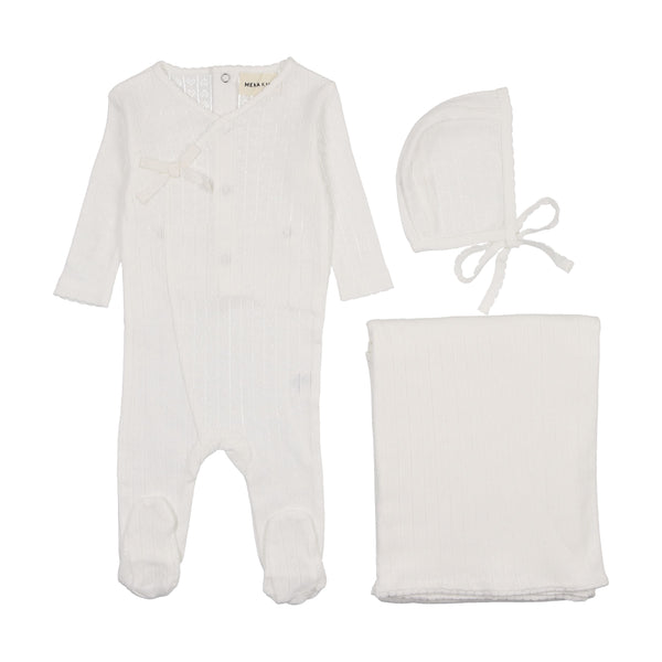 Mema Knits Pointelle heart three piece set Winter White