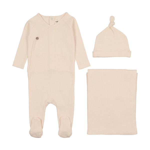 Mema Knits Thin striped three piece set marshmallow /peach dust