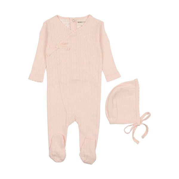 Mema Knits Pointelle heart footie + bonnet peach dust