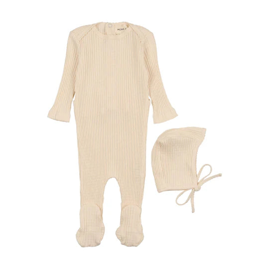 Mema Knits picot edge textured footie + bonnet cream