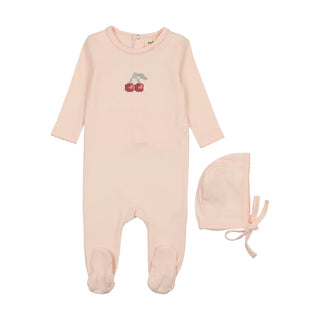 Mema Knits Embroidered cherry footie + beanie soft pink -pink cherry