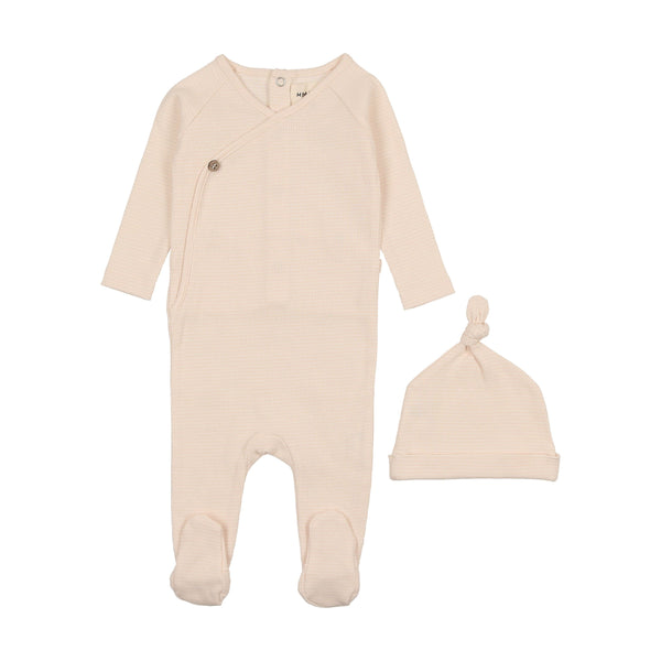 Mema Knits Thin striped footie + beanie in marshmallow / peach dust