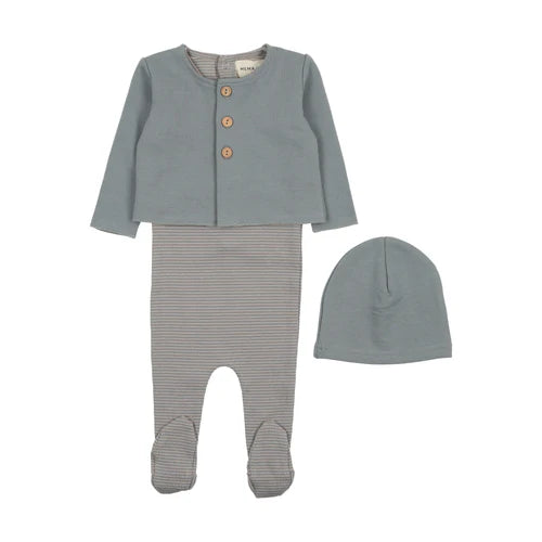 Mema Knit Striped Footie+Cardigan+Beanie Dove/Oatmeal