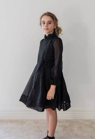 Petite Amalie Black Silk Linen Applique Dress