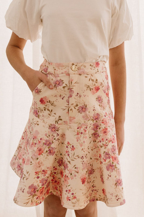 PETITE PINK Posie Print Denim Skirt