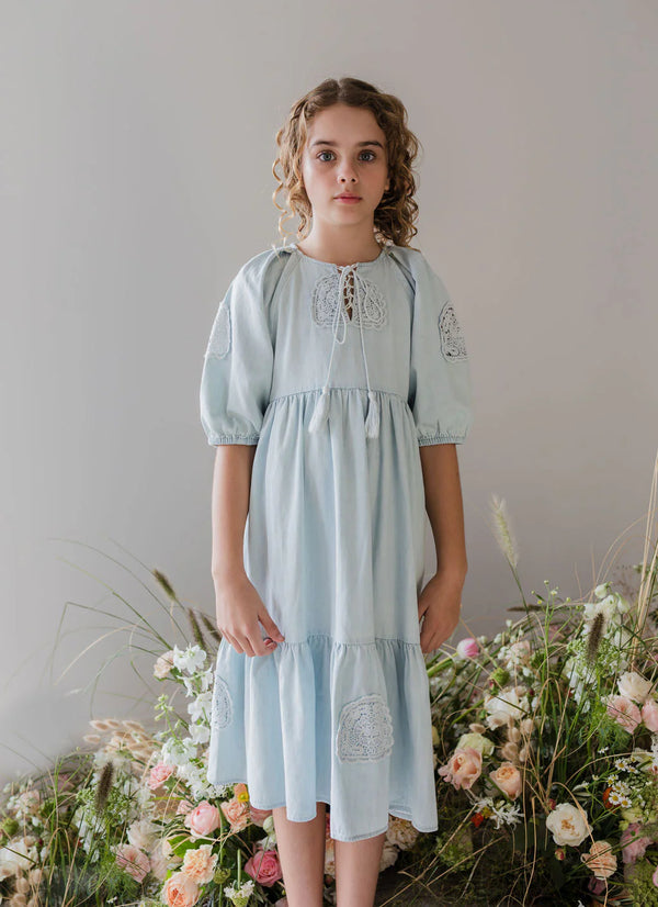 Steph the Label Crochet Doily Chambray Dress in Pale Wash Chambray