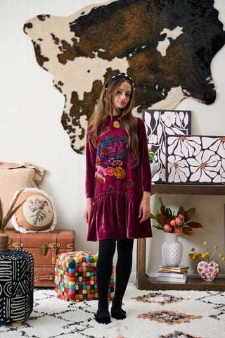 Porter Maroon Chiffon Velvet Floral Design Dress