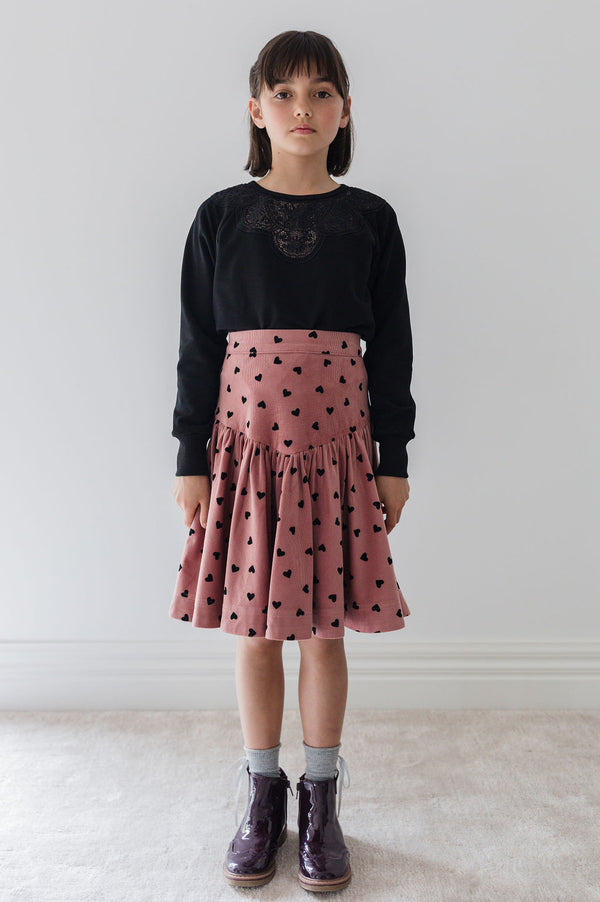 Steph the Label Flocked Heart Cord Skirt in Berry / Black Flock
