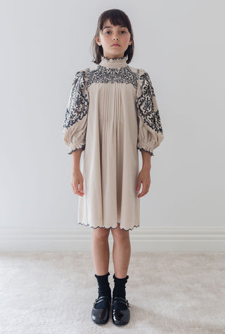 Petite Amalie Cord Embroidered Cut Out Smock Dress in Nougat / Black Embroidery