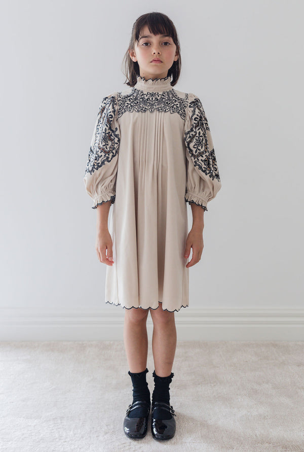 Petite Amalie Cord Embroidered Cut Out Smock Dress in Nougat / Black Embroidery