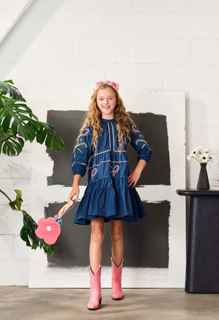 Porter Navy Dress with Pink Embroidery