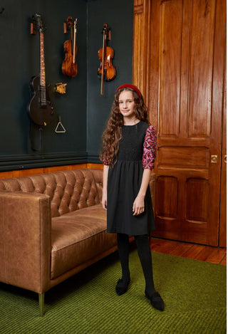 Porter Black Dress with Red/Pink Embroidered Sleeve