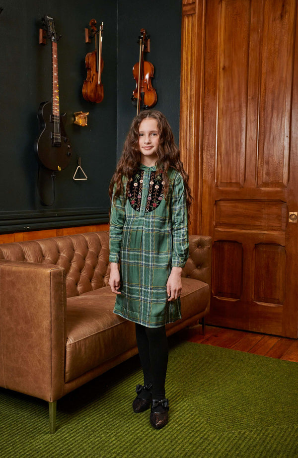 Porter Green Plaid with Embroidery Dress