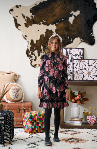 Porter Black Cotton Dress with Large Pink Floral